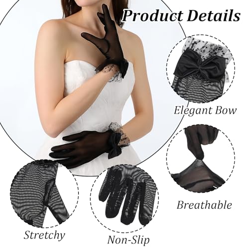 Ouligay Black Gloves Tea Party Women Lace Gloves for Wedding Bow Short Mitten Elegant Accessories for Opera Party Bridal Princess Evening Costume3