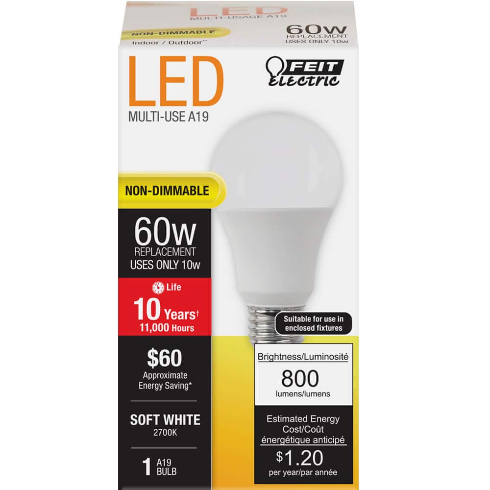 Feit Electric A19 LED Light Bulb 60W Equivalent E26 Medium Base 800 Lumens 2700K Soft White Non-Dimmable Standard