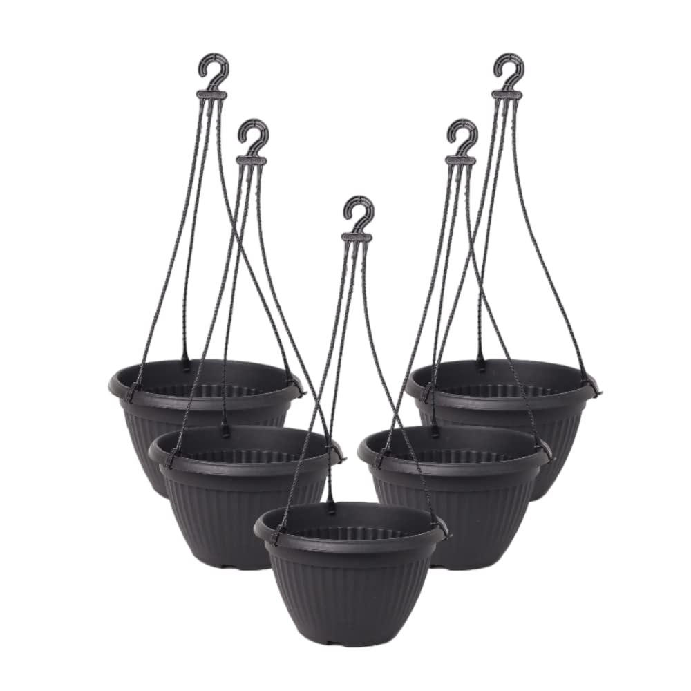 Harshdeep Hanging Pots for Balcony - Bello - Indoor Outdoor Home Balcony Garden Decorative Round Plastic UV Protected Planters 10 Inch Set of 5 (Black) (B0D48V26B5) Amazon Price History, Amazon Price Tracker