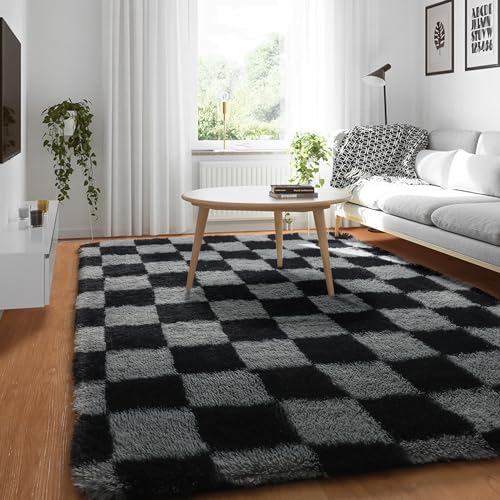 Image of KICMOR Area Rugs for Bedroom, Black and Grey Fluffy Shag Soft 3x5 Checkered Small Living Room Carpet, Indoor Fuzzy Shaggy Plush Rug for Kids Boys Girls Teen Dorm Nursery Bedside Home Decor Aesthetic