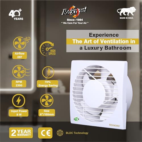 Image of REXNORD REXVENT 150mm(6 Inches) ABS Plastic Body, 8 Watts BLDC Exhaust fans for Bathroom, Kitchen & office, Compact, Moisture Protection, Highspeed, Silent Operations, 100% Copper Winding | White