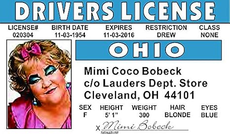 Signs 4 Fun Mimi Bobeck Fun Fake ID License - Adult Unisex Wallet - Faux Leather - 6 Sections - Modern Style - Wet Wipe Clean