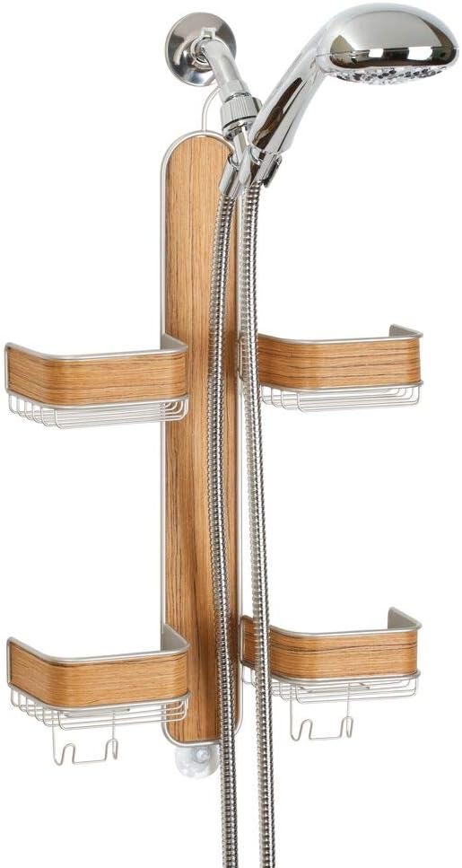 mDesign Metal Hanging Bath and Shower Caddy Storage Organizer for Hand Held Shower Head and Hose - 2 Levels for Bathroom Showers, Stalls, Bathtubs - 4 Shelf Format - Satin/Teak Wood Veneer Finish