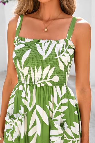 PRETTYGARDEN Womens Summer Dresses 2026 Casual Spaghetti Strap Ruffle Smocked Flowy Floral Spring Maxi Dress with Pocket(Leaves Light Green,Medium) — view 4