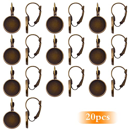 20Pcs Brass Leverback Earring Hooks Settings With Flat Round Blank Earring Cabochons Bezel Trays For Diy Earring Dangle Jewelry Making, Antique Bronze #TOP1