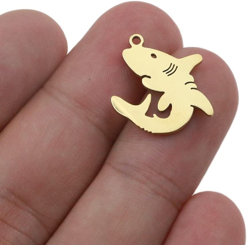 QA 5pcs Shark Sea Fish Stainless Steel Charm Pendants for Jewelry Making Gold Shark Ocean Animal Pendants Charm Y905 (Metal color : Gold)