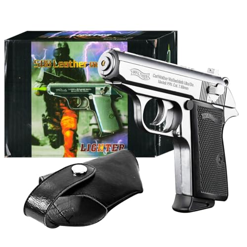 Image of 508 Lighter with Safety Lock Heavy Metal Made Silver Color Gun Shape Gas Lighter with PU Holster | Dummy Gun Jet Flame Butane Refillable Lighter