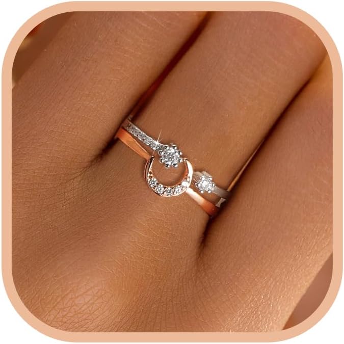 LOVECOM Star Moon Ring Set Stackable Rings for Women Couble 925 Sterling Silver Celestial Matching Adjustable Ring Cute 14k Gold Plated Blue CZ Moon Friendship Promise Ring Jewelry Gifts to Daughter
