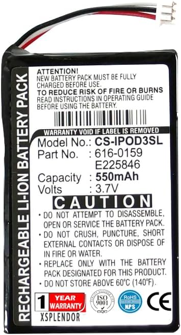 XPS - Batería de repuesto para Apple iPod 10GB M8976LLA iPod 15GB M9460LLA iPod 20GB M9244LLA iPod 30GB M8948LLA iPod 3 generación iPod 40GB M9245LLA