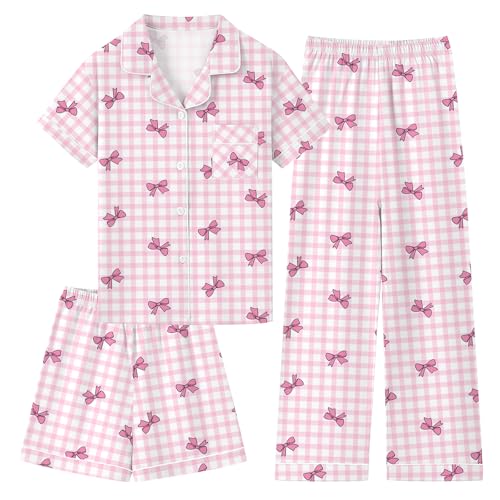 Schbbbta Pajamas for Girls, Cute Cotton Lounge Pjs Sets 3 Pcs Lycra Sleep Outfits Soft Strtchy Button Down Homewear, Plaid Pink 9-10 Years = Tag 150