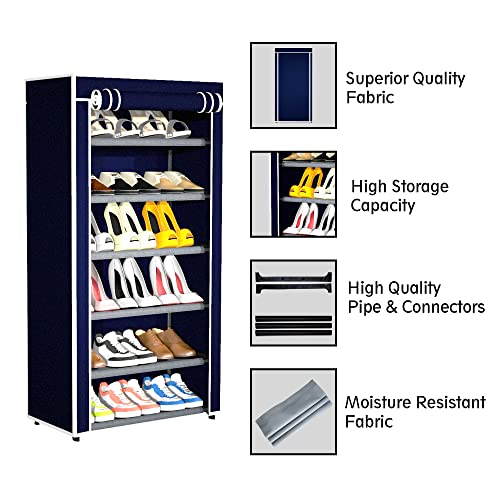 Image of YouCopia Shoe Rack for Home Non Woven Fabric - DIY Multipurpose Shoe Rack Organizer, 6-Layer Shoe Rack for Home -Shelf with Dustproof Door Entryway for Heels /Slippers /Boots (Navy, 6-Layer)