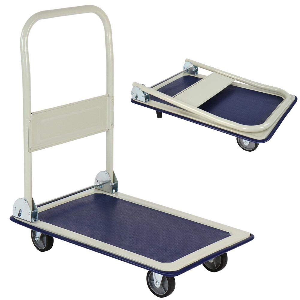 Bakaji Carrello Portapacchi Portatutto da Trasporto con Manico Pieghevole e Tappetino Antiscivolo Pianale Struttura in Metallo Tubolare Portata Massima 150 kg 4 Ruote Colore Grigio