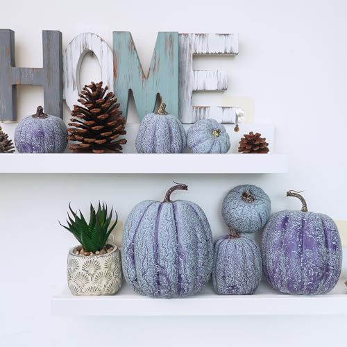 Image of Winlyn 7 Pcs Assorted Sizes Artificial Denim Blue Pumpkins Decorative Fall Faux Foam Pumpkins for Fall Autumn Thanksgiving Holiday Halloween Party Table Centerpiece Shelf Mantel Decoration