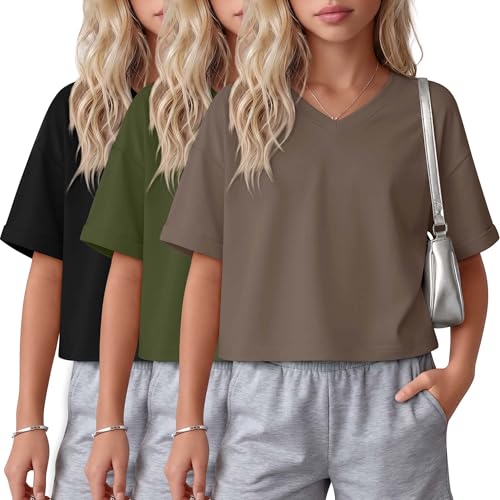 LessonZoo 3 Pack Girls Crop Tops Short Sleeve Oversized T-Shirts Kids Rolled Cuff V Neck Summer Cropped Athletic Tees 5-14Y(Black, Olive Green, Coffee,11-12 Years)