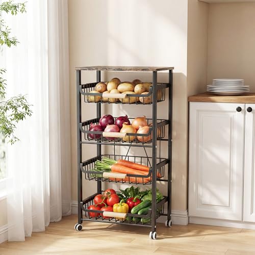 JAQ 5-Tier Fruit Vegetable Storage Cart with Wood Top, Rolling Kitchen Basket Organizer with Ergonomic Wood Handle & Wheels for Snacks Produce, Heavy Duty Metal Vianderos para Cocina Modernos, Black