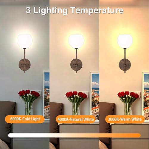 Image of Walnut Grain Battery Operated Wall Sconces Set of 2, Rechargeable Wireless Wall Lights with Milky White Frosted Glass, 12 RGB and 3CCT Dimmable, Wall Lamps with Remote for Bedroom Living Room Hallway