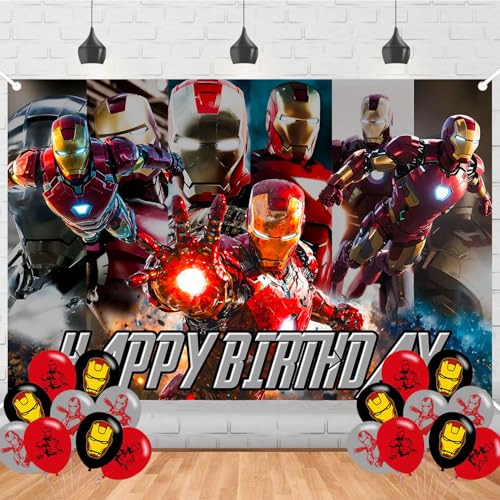 Iron Hero Man Happy Birthday Backdrop Iron Hero Man Banner Poster for Boys Girls Theme Party Decorations Cartoon Hero Birthday Supplies Background Studio Shoot Photo Props Booth