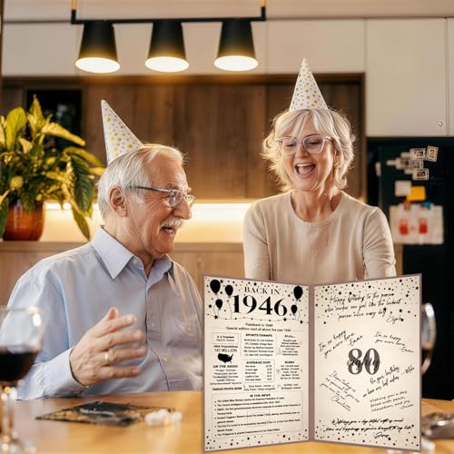 Image of Crenics 80th Birthday Decorations for Women or Men, Vintage Back in 1946 Poster, 80th Birthday Guest Signature Book, Awesome 80 Birthday Gifts