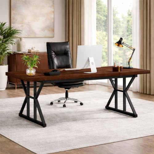 Image of Executive Computer Work Desk | Wooden Office Table for Home, Office, Workstation, Study | Strong Metal Frame Computer Table (Rustic Brown)
