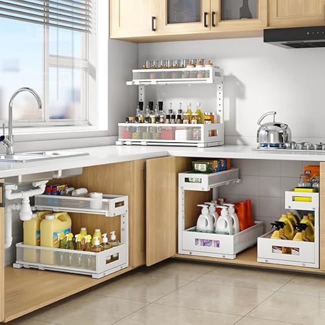 2 Pack 17IN Depth Under Sink Storage Organizer, Large 2-Tier Elegant Mesh Pull Out Shelf for Kitchen and Bathroom Cabinet Organization, L-Shaped and Adjustable Height Design-White