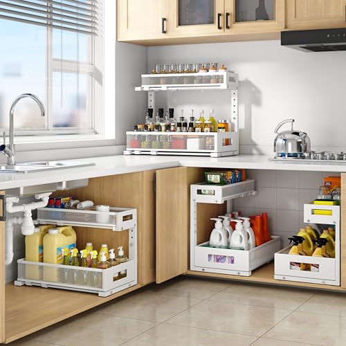 Image of 2 Pack 17IN Depth Under Sink Storage Organizer, Large 2-Tier Elegant Mesh Pull Out Shelf for Kitchen and Bathroom Cabinet Organization, L-Shaped and Adjustable Height Design-White