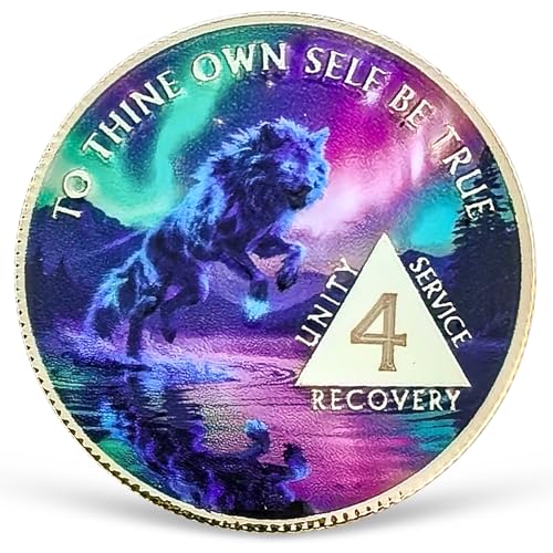 Aurora Wolf 4 Year Sobriety Coin Beauty and Strength AA Chips and Medallions Addiction Recovery Anniversary Token for Celebrating 1-15 Years Alcoholics Anonymous Sobriety Gifts for Men Women