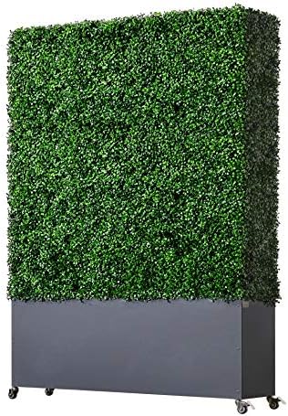 AGPL Artificial Boxwood Hedge Wall with Gray Color Stainless Steel Planter Box and Caster. Moveable Privacy Decorative Wall 48" W x12 D x 67“H …