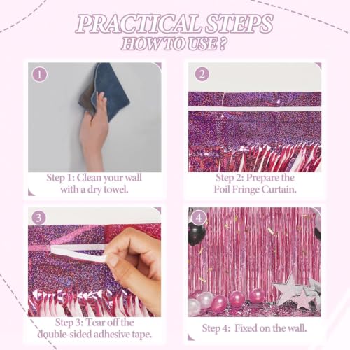 Image of DECOCKRAT 2 Pack Foil Fringe Backdrop - Laser Pink Shiny Tinsel Curtains for Party Decoration /Photo Booth Props - 3.3x6.6 FT Metallic Foil Backdrop for Birthday, Wedding, Graduation, Christmas.