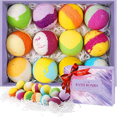 Aprilis Bath Bombs Gift Set, Organic & Natural Essential Oil Bath Bombs for Dry Skin Moisturizing, Handmade Fizzy Spa Bath Set, Perfect Christmas/Birthday Gift for Women and Kids, Pack of 12