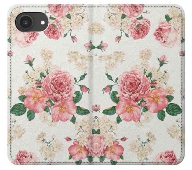 Housse Cuir iPhone 16e Rose Pattern Étui Clapet Haute Finition