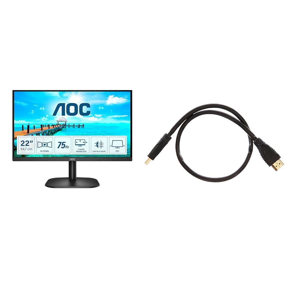 AOC Ecran LED 22" 22B2H Full HD & PremiumCord 4K Câble HDMI Haute Vitesse M/M 10.2Gbps avec Ethernet, Full HD 1080p, 3X Blindé, Deep Color, 3D, Arc, HDR, Connecteurs plaqués Or, Noir, 0,5 m