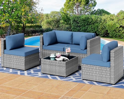 Shintenchi 5 Pieces Outdoor Patio Sectional Sofa Couch, Silver Gray PE Wicker Furniture...