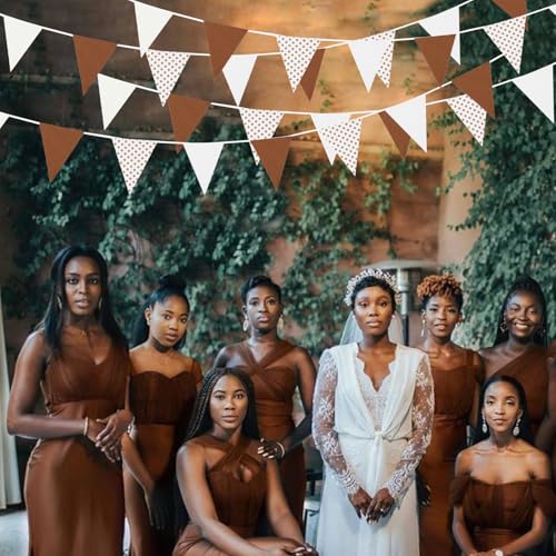 Image of Zwiebeco 39Ft Brown White Dot Fabric Bunting Banner Triangle Flags Cotton Garland Pennant for Birthday Wedding Forest Wild One Safari Party Home Outdoor Garden Decorations