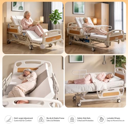 Image of Electric Hospital Beds for Home Use, Full Electric Adjustable Medical Bed with Height Adjustment 18 inch-25 inch, Auto Turning, Built-in Commode, IV Pole, Overbed Table, 3 inch Mattress, 550 LBS Capacity