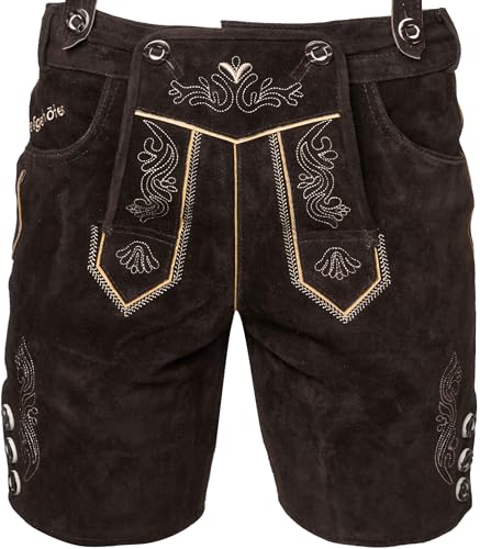 STEIGENHÖFER Lederhose Herren Tracht kurz - Anton - Trachtenhose mit Trägern - 100% Rindsleder - Traditionelle Echtlederhose - Ideal für Dein Oktoberfest Herren Outfit - Dunkelbraun - 58