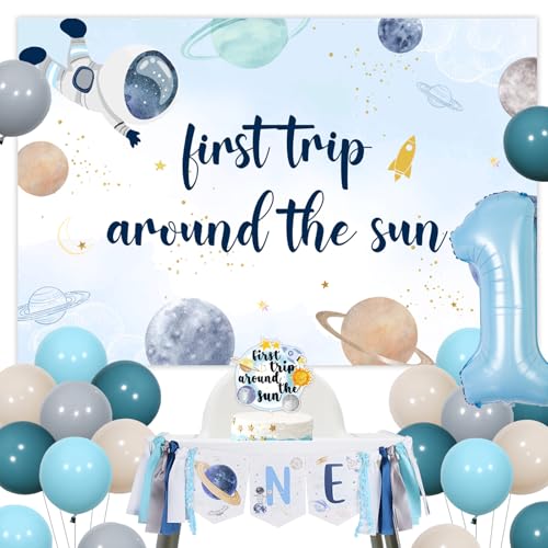 Tema espacial 1º aniversário decorações para crianças, primeira viagem à volta do sol primeiro aniversário suprimentos de festa para crianças de 1 ano de idade, fundo balão azul oceano cadeira alta