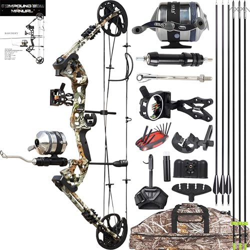 Bow Fishing Combo Kit 0-70 LBS Hunting Compound Bow Fishing Bow Set with Bowfishing Arrow and Fishing Reel for Bowfishing Archery Hunting Left & Right Handed (Camo Right Handerd)