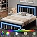 HOMBCK Full Size Bed Frame with LED Lights and Velvet Upholstered Headboard, Bed Frame Full with Modern Diamond Headboard Adjustable, Wooden Slats Support, Noise Free, No Box Spring Needed, Black