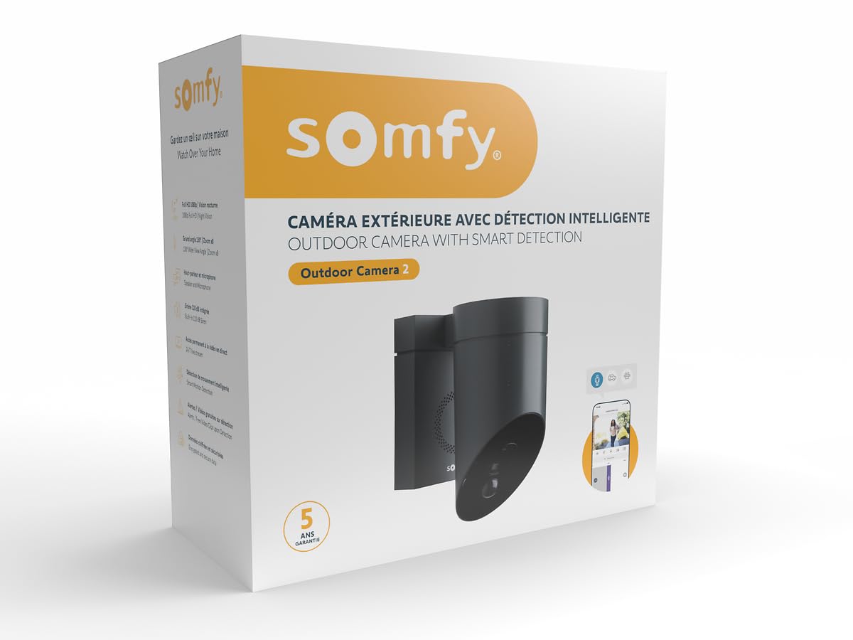 somfy 1875326 - Outdoor Camera 2 Grise, Caméras avec détection de Mouvement Intelligente, Sirène intégrée de 110 DB, Branchement Possible sur Un luminaire existant, Images Full HD 1080p
