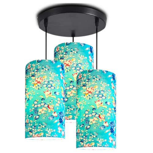 Image of Hanging Lamps for Hall - 3 Set Hanging Cluster Light - Pendant Lamps in Cylindrical Shape for Living Rooms /Bed Rooms (Blue Floral Fabric)