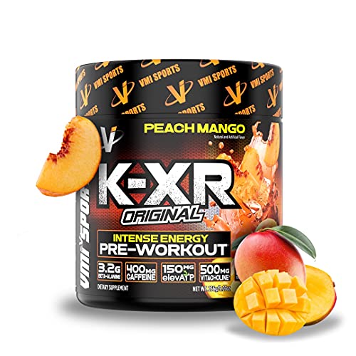 VMI Sports | K-XR Pre-Workout Energy Powder | Intense Energy Pre-Workout Drink for Men and Women| Creatine-Free | Enhanced Focus and Increased Endurance | Pre-Workout Powder (Peach Mango, 30 servings)
