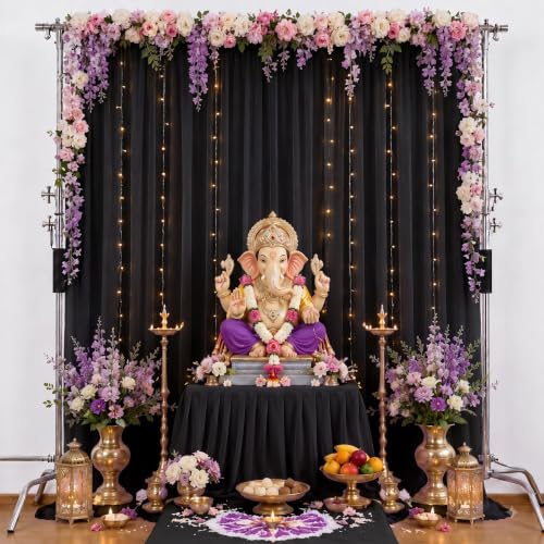 Image of White Net Backdrop Curtain Set for Decoration, 2 Pieces, 8 x 5 feet, for Wedding, Birthday, Anniversary, Engagement (Black)