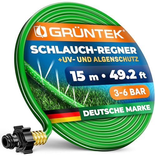 GRÜNTEK Schlauch-Regner, Sprühschlauch, Rasensprenger Gartenschlauch 15 m, Beregnungsfläche 4-5 qm/m, Länge flexibel erweiterbar, Bewässerungsschlauch/Sprühregner, Verbindungsstück aus Messing