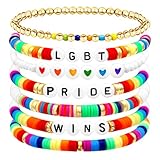 Ronglry Pride Bracelet Rainbow LGBTQ Accessories Heishi Surfer Bracelets Set Clay Bead Bracelet for Pride LGBT Rainbow Bracelets for Women Men Beaded Stackable Stretch Bracelets for Lesbian Gay Pride Accessories Jewelry Gifts-Pride 2