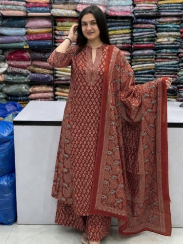 Image of GoSriKi Kurta Sets for Women Viscose Blend Printed | Kurti Set for Woman | Kurta Palazzo Dupatta Set | A Line Kurti | Mandarin Collar 3 /4 Sleeve Suit Set for Women Stylish Ethnic Outfit