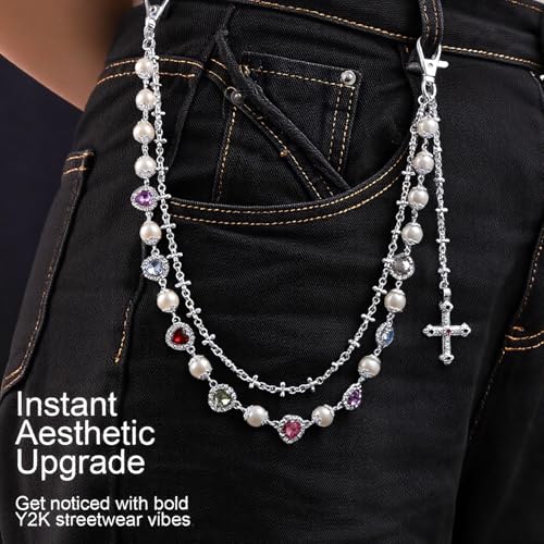 Image of Y2K Pearl Pants Chain Streetwear Jewelry- Unisex Layered Wallet Chain with Heart Cross Pendant, Punk Aesthetic Jeans Keychain Accessory for Men Women