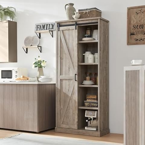 vimitty 72" Tall Farmhouse Kitchen Pantry with Sliding Barn Door, Large Wood Kitchen Storage Cabinets with Adjustable Shlef, Rustic Wood Cupboard for Dining Room, Bathroom, Light Rustic Cover