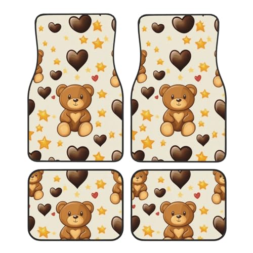 Image of Cartoon Teddy Bears Hearts Start Print Car Floor Mats Carpets Rugs Set of 4, Non-Slip Auto Car Accessories Universal Fit for Car SUV Truck Van