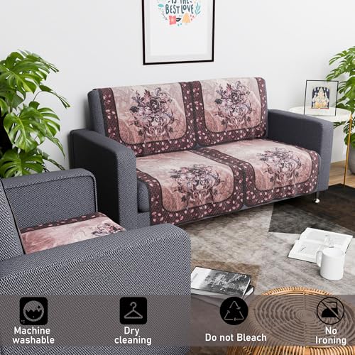 Image of Kuber Industries Set of 6 Net Durable 2+1 Seater Sofa Covers for Living Room | Easy Machine Washable Sofe ke cover for Protection & Comfort for Home | Digital Print - Dark & Light Brown