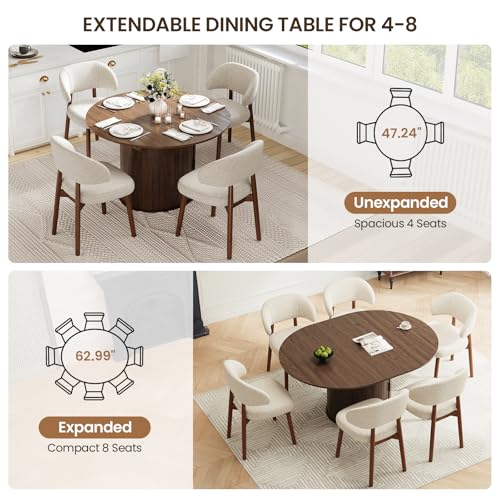 Image of MALOL 47 inch-63 inch Extendable Round to Oval Dining Room Table Chairs Set for 4-8, Modern Wooden Kitchen Table and Chairs with Hidden Storage and Fluted Design for Dining Room /Small Space(Walnut and Beige)